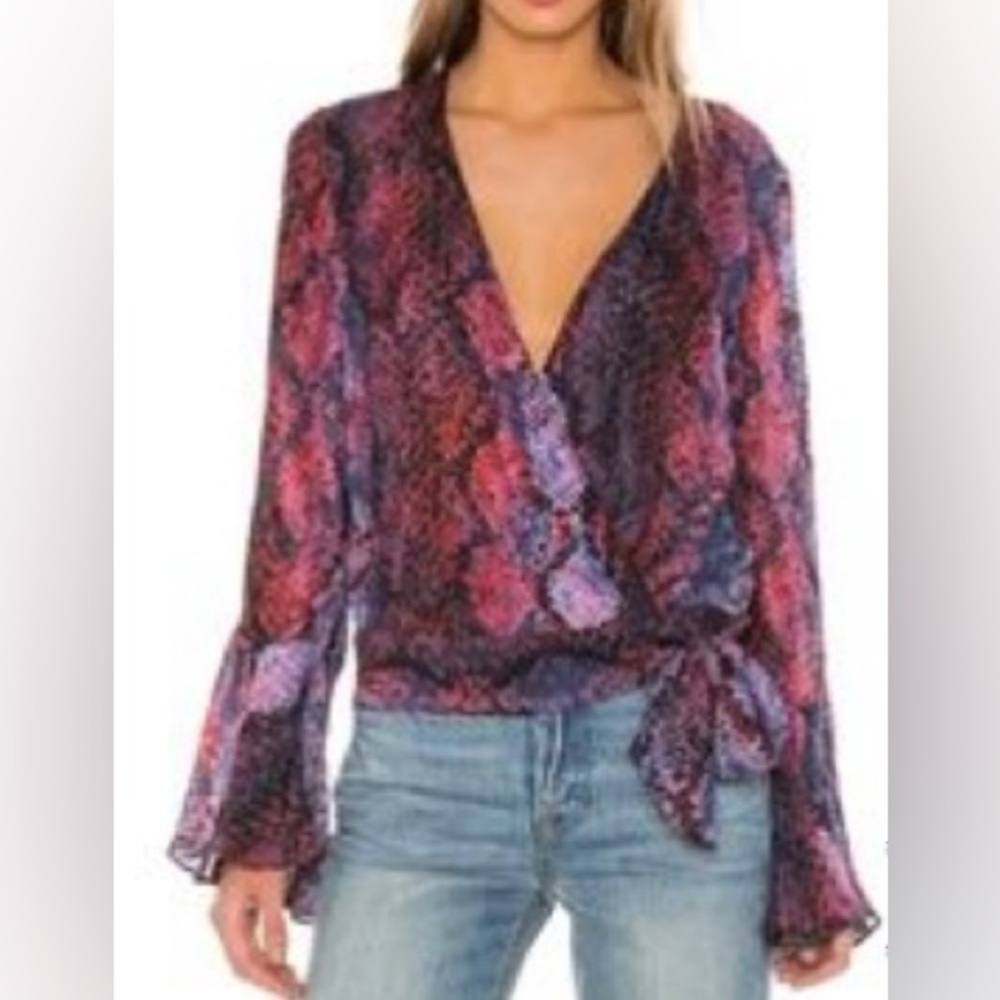 Parker “Isabella” snake print faux wrap bell sleeve top, reds/blues XS